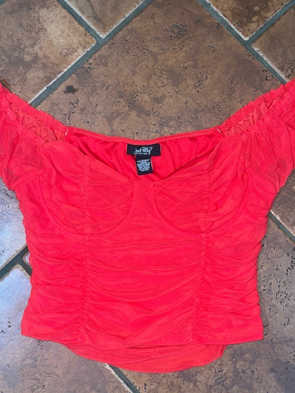 JustFab Coral Off-Shoulder Ruched Crop Top